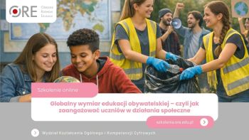 Młodzież podczas akcji z megafonem, podczas zbierania śmieci i w szkole - plakat szkolenia z edukacji obywatelskiej