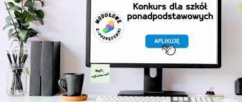 Grafika z monitorem wyświetlającym nazwę konkursu i przycisk Aplikuj.