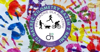 Logo akcji w kole z sylwetkami ludzi podczas aktywności ruchowej. Tło w postaci kolorowych odcisków dłoni.