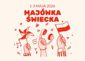 Ręce z wiatraczkiem, flagą Polski i słuchawkami, napis: majówka świecka.