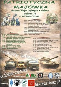 Plakat z programem Patriotycznej Majówki. W tle sprzęt wojskowy i żołnierze.