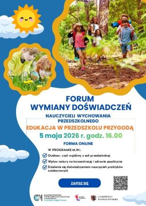 Dzieci w lesie i na łące badają przyrodę - plakat informacyjny forum dla nauczycieli.