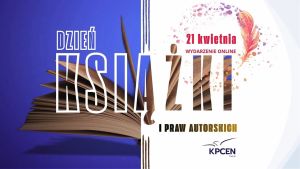 Otwarta księga na plakacie wydarzenia online "Dzień Książki i Praw Autorskich".