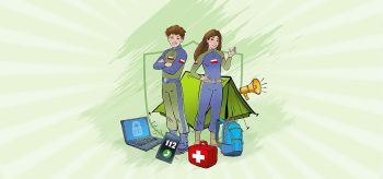 Dziewczyna i chłopak przed namiotem. Akcesoria: apteczka, plecak bezpieczeństwa, smartfon wyświetla nr 112.