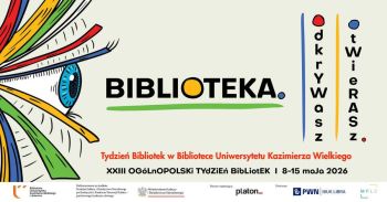 Oko i logotypy organizatorów oraz partnerów Tygodnia Bibliotek na plakacie wydarzenia.