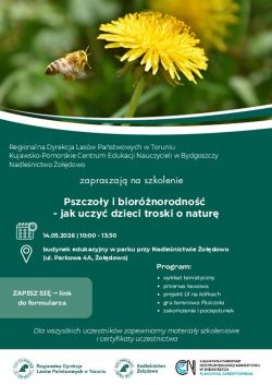 Pszczoła, kwiat oraz logotypy organizatorów szkolenia "Pszczoły i bioróżnorodność - jak uczyć dzieci troski o naturę".