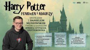 Młody, uśmiechnięty mężczyzna w okularach, obok zamek Hogwart oraz informacje o wydarzeniu.