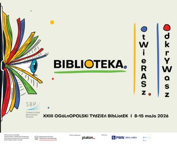 Plakat promujący Tydzień Bibliotek 2026 z motywem oka z rzęsami z kart książki.