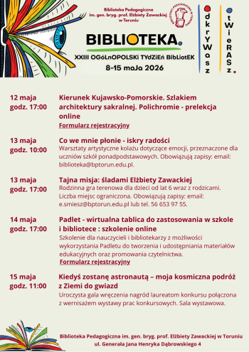 Plakat z wydarzeniami Tygodnia Bibliotek 2026 w Bibliotece Pedagogicznej w Toruniu.