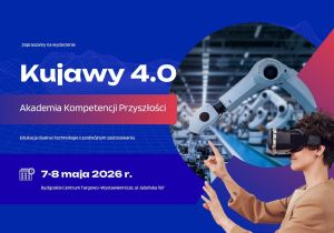 Hala z robotami i osoba w okularach VR na plakacie konferencji.