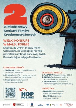 Plakat konkursowy z obiektywem kamery oraz podstawowymi informacjami i logotypami.