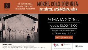 Z jednej strony stary budynek, z drugiej - informacje o konferencji.