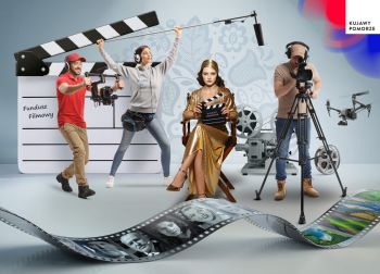 Grafika z gwiazdą filmową w złotej sukni, wokół niej ludzie z kamerą, dźwiękowcy oraz motywy kliszy i klapsa filmowego.