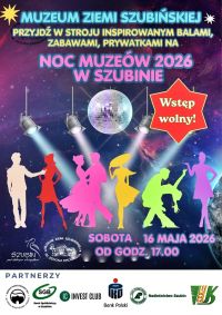 Plakat, na którym są kolorowe pary tańczące oraz informacje o wydarzeniu.