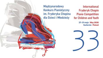 Plakat 33. Międzynarodowego Konkursu Pianistycznego z motywem graficznym fortepianu.