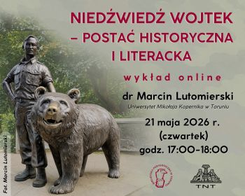 Grafika promująca wykład z pomnikiem mężczyzny i niedźwiedzia.