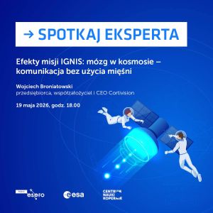 Astronauci na spacerze kosmicznym i sztuczny satelita na plakacie informacyjnym spotkania online z ekspertem.