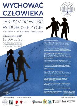 Dwoje dzieci wchodzi na górę, na której stoi para dorosłych z wyciągniętymi do nich rękoma - plakat konferencyjny.