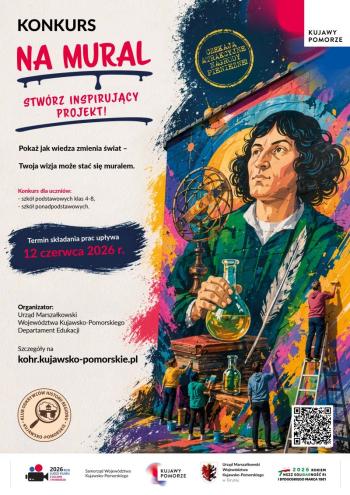 Plakat promujący konkurs z motywem muralu Mikołaja Kopernika.