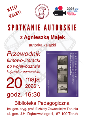 Plakat promujący spotkanie z podstawowymi informacjami i fotografią okładki książki z budynkami.