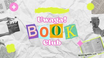 Kolorowa grafika Uwaga BookClub - różne czcionki i kolory oraz ikony na gniecionym papierze.