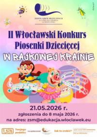 Kolorowy plakat ze śpiewającymi: małpką i świnką, barwną pięciolinią i informacjami o konkursie.