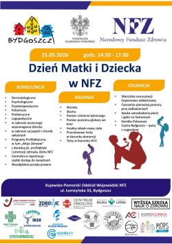 Plakat informacyjny Dnia Matki i Dziecka w NFZ z logotypami organizatorów.