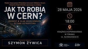 Grafika z czarnym tłem, świecące obiekty w kosmosie oraz informacje o wydarzeniu.