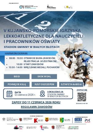 Plakat informacyjny z grafiką biegacza i logotypami organizatorów i patronów.