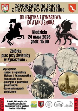 Plakat informacyjny, na którym jest smok, jeździec na koniu, fragmenty zabudowań na starych widokówkach.