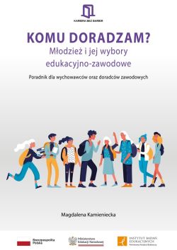 Postaci rysunkowe z plecakami szkolnymi i książkami na okładce publikacji "Komu doradzam?"