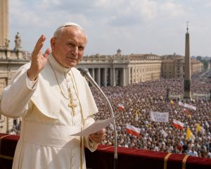 Papież Jan Paweł II przemawia do tłumów.