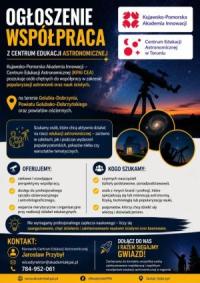 Plakat z motywem astronomicznej obserwacji nieba - ogłoszenie o poszukiwaniu osób do współpracy.
