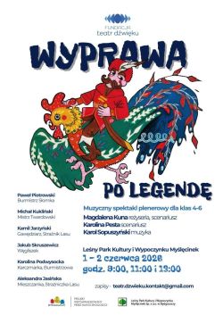 Plakat informacyjny spektaklu z grafiką "Pan Twardowski na kogucie".