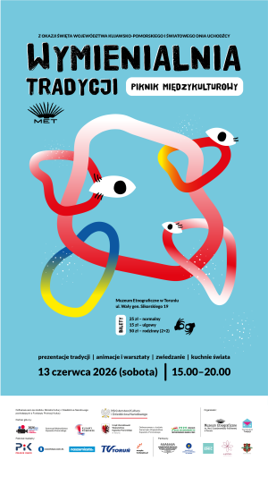Kolorowy plakat z napisem Wymienialnia tradycji i informacjami o wydarzeniu.