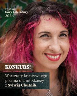 Portret Sylwii Chutnik z różowymi włosami i kolczykiem w nosie na plakacie konkursowym.