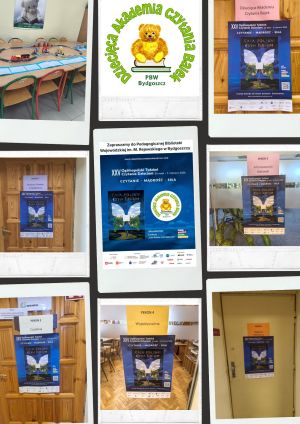 Kolaż zdjęć z poszczególnych pomieszczeń biblioteki, oznaczonych jako perony.