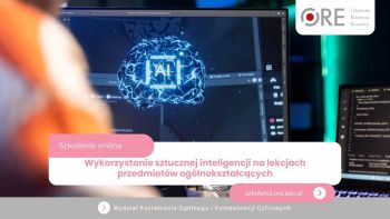 Baner szkolenia z ekranem komputera, na którym jest wyświetlana wizualizacja mózgu z napisem „AI”.