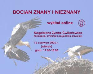 Bociany na plakacie informacyjnym wykładu z logo organizatora.