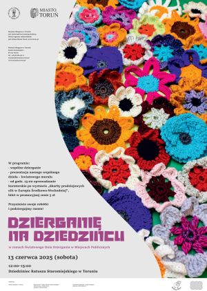 Plakat, na którym są kwiatki z kolorowej włóczki oraz informacje o wydarzeniu.