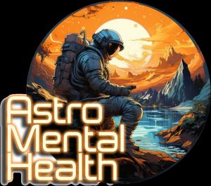 Astronauta w kombinezonie na tle krajobrazu innej planety. Napis: Astro Mental Health.
