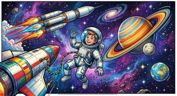 Chłopiec w kombinezonie astronauty i rakieta w kosmosie.