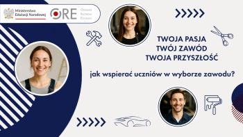 Baner szkolenia z wizerunkami prelegentów oraz piktogramami symbolizującymi różne zawody.
