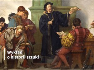Nauczyciel w czarnej szacie unosi otwartą książkę, a uczniowie w renesansowych strojach czytają i słuchają.
