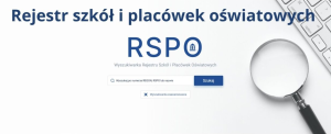Fragment strony wyszukiwania Rejestru Szkół i Placówek Oświatowych oraz klawiatura i lupa.