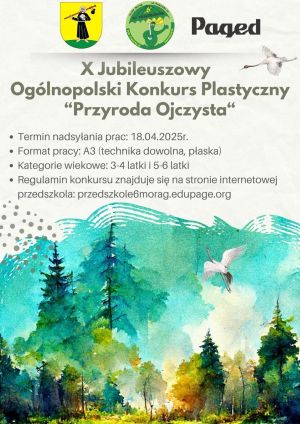 Pejzaż z żurawiem na plakacie informacyjnym konkursu plastycznego.
