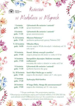 Plakat promujący kwietniowe zajęcia w Mediatece w Młynach