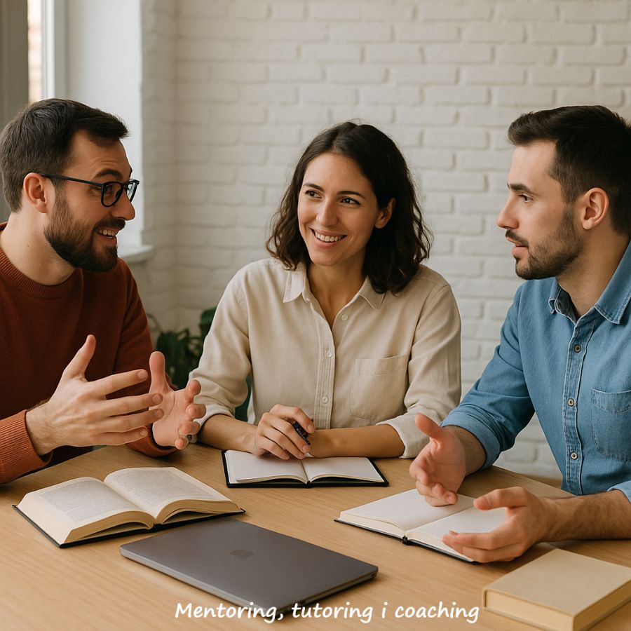 Trzy osoby rozmawiają przy stoliku z laptopem, notatnikami i książkami.