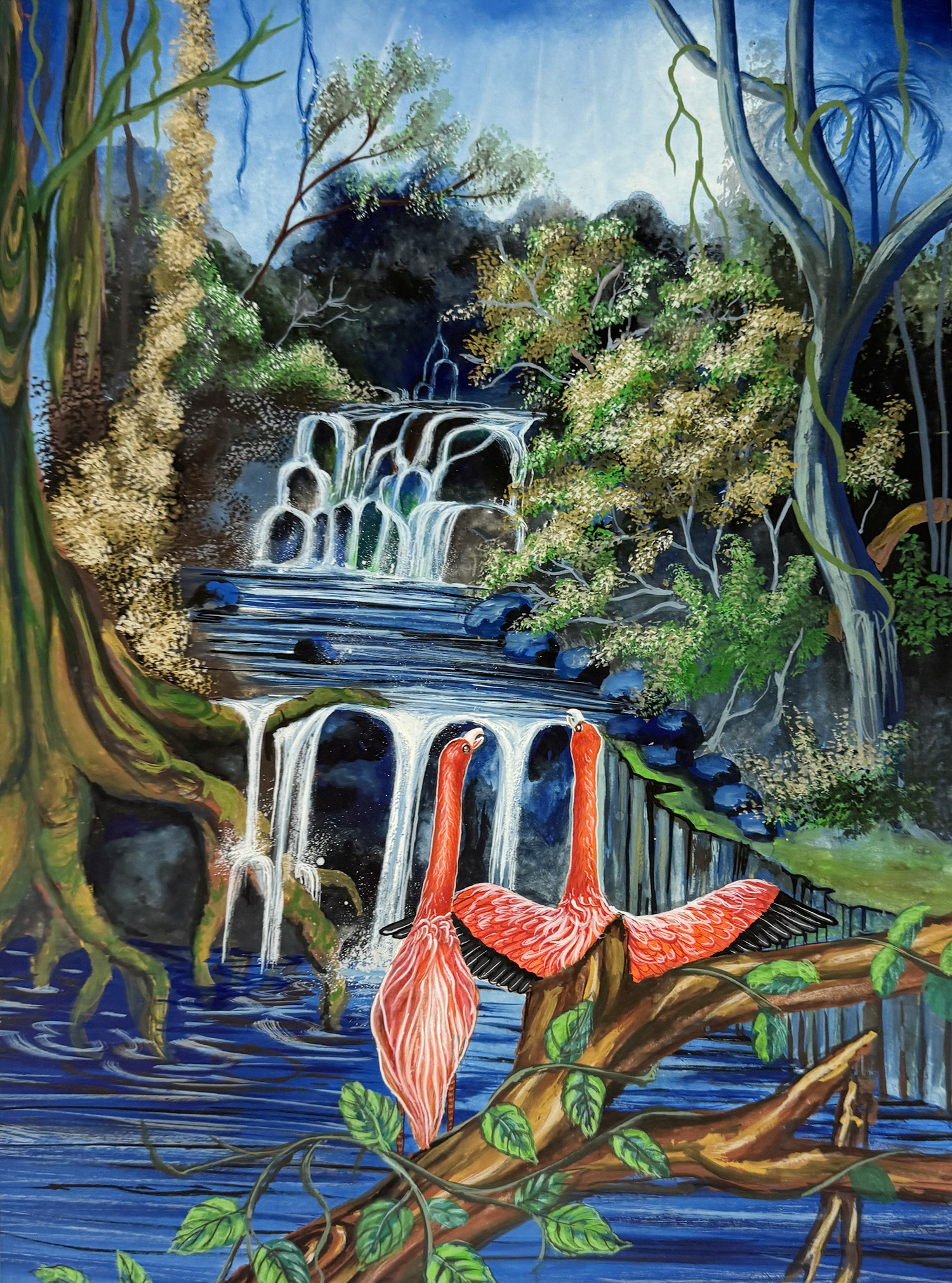 Praca plastyczna z dużymi, pomarańczowymi ptakami przy wodospadzie.