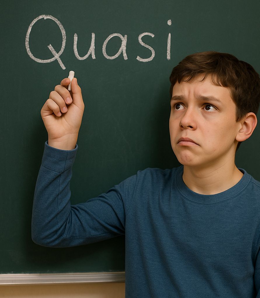 Uczeń przy tablicy ze zmartwioną i niepewną miną pisze kredą słowo "quasi".